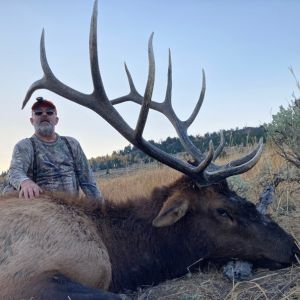 A hunter wearing a camo shirt posing with his bull elk after a successfully guided hunt in Wyoming